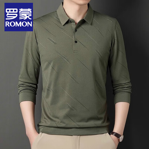 罗蒙（ROMON）春秋季男士长袖T恤中老年宽松爸爸秋装上衣服商务休闲翻领POLOt衫 826藏青色 165/M