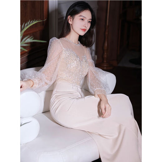 酷虎客晚礼服女2022新款高端气质显瘦高贵主持晚礼服女2022香槟质感宴会 香槟色长款 M