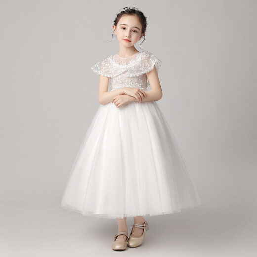 Xiaokayi Nong little girl's fashionable princess dress girl flower girl fluffy gauze children's evening dress host piano performance suit big child white long 130cm