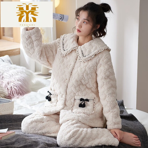 FMSERUIOS轻奢高档珊瑚绒夹棉睡衣女士冬季三层加厚加绒家居服女冬款法兰绒 MFB12250女 M