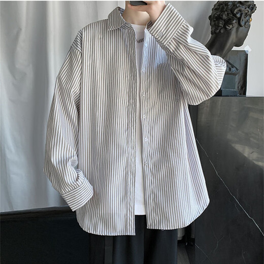 Bai Mingchen Blue und White Striped Shirt Herren neuer Herbst Longleved Trendy Shirt Hong Kong Style High-End-Freizeitpaar vielseitiger Jacke Blau L [Vorgeschlagen 110-130jin [Jin ist gleich 0,5 kg]]