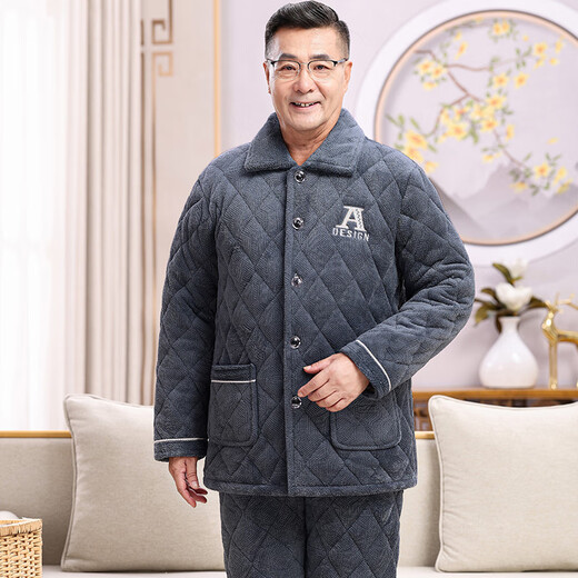 Suiyue pajamas men's winter thickened velvet dad's three-layer cotton jacket coral velvet warm home clothing set for middle-aged and elderly people N9930 blue M milk velvet upgraded thickened 2XL code (140-165 Jin [Jin equals 0.5 kg])