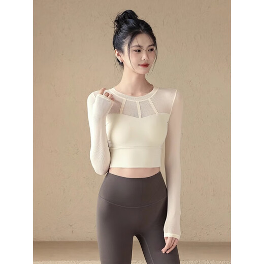 LULUUVTTOH yoga clothes for women, autumn and winter sports tops with chest pads, sexy mesh long-sleeved Pilates training fitness clothes, black, fixed chest pads M