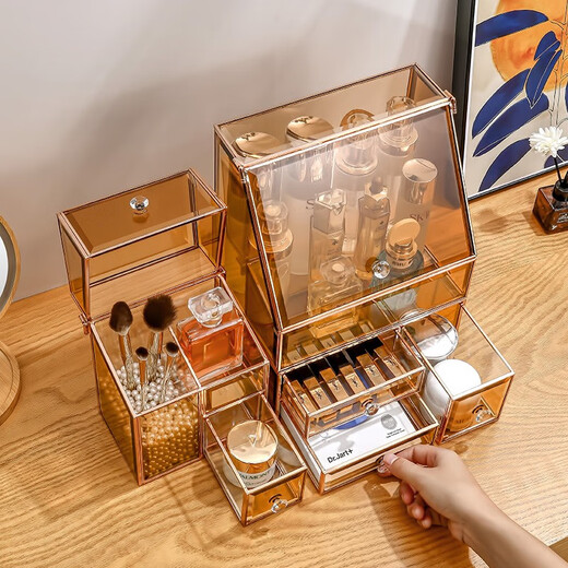 KAMAN glass cosmetic storage box drawer-type dust-proof makeup brush lipstick skin care product storage rack Valentine's Day gift small brown box classic three-piece set
