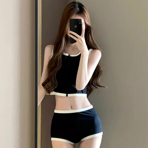 Miaoyijia swimsuit women's hot spring conservative split swimsuit set 2024 new adult swimsuits make you look slim and cover your flesh racing Sleeveless zipper split swimsuit [black with white edges] One size [suggested 80-120Jin [Jin equals 0.5 kg]]
