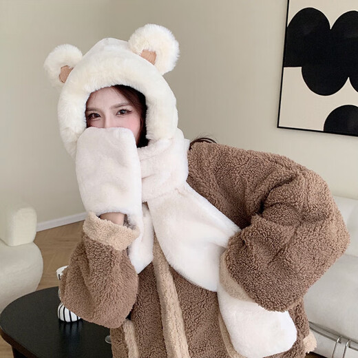 QIPEIER Bear Hat Autumn and Winter Women's Scarf Gloves One-piece Hooded Winter Scarf Cute Warm Plush Winter Three-piece Set BNTZ-464 White
