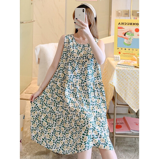 Zhidoudou sans manches en coton de nuit en soie en soie pour les femmes en printemps et en été Internet célébrité grande taille pyjamas vêtements à la maison jupe de fée japonaise jupe de coton mince 1697 Fondation orange petite fleur m