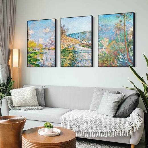 Monet decorative paintings world famous paintings Van Gogh oil paintings hanging paintings living room sofa background wall landscape wall mural triptych sunrise impression 20*30cm 9mm cloth pattern film triptych black edge