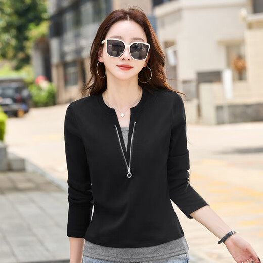 F1Maje1T DISEÑADOR DE ALTODA DEL ALGODAD DEL ALGODAD DEL COTHER falso de dos piezas Camiseta de manga larga para mujeres en V neck a principios de otoño nuevo color de contraste camisa de base suelta gris/9894 L [Sugerir peso 110-120 Jin [Jin iguala 0.5 kg]]]