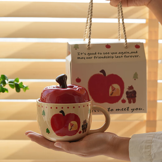 Fourth Moon Cute Cup Apple Ceramic Cup Water Cup with Lid High-Looking Mug Girl Birthday Gift Big Apple Girl (Cup + Lid + Spoon)