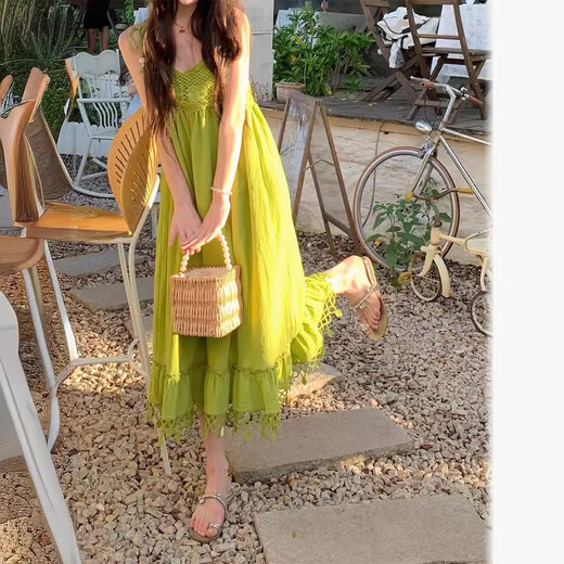 Gem City high-end white suspender dress draped bohemian travel seaside vacation skirt super fairy dress 4333 long skirt M