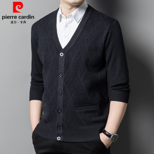 皮尔卡丹（pierre cardin）品牌羊毛针织开衫男士中青年秋冬季新款休闲毛衣外套百搭宽松上衣 中灰 185