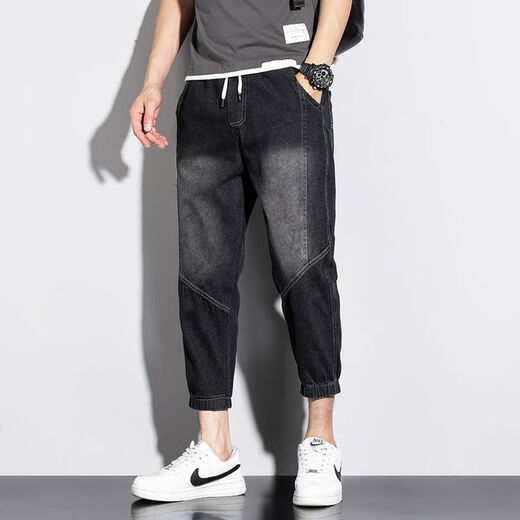 Rvjp pantalon décontracté pantalon recadré l'été 2024 Nouveau jean Mid-Waist High Street Street Elastic Vibe Style Handsome Casual Grey F501-1349 M 90-110JIN [Jin est égal à 0,5 kg]