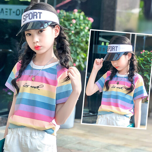 憨憨象女童短袖t恤2025夏季新款纯棉潮T儿童韩版宽松条纹上衣中大童夏装 9922白色 160