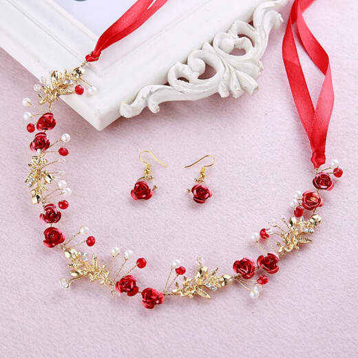 New bridal toast attire headdress red flower headband wedding hair accessories Chinese wedding attire accessories 8#