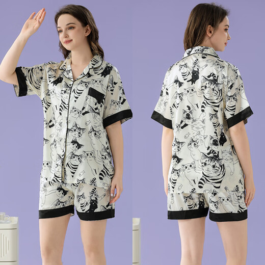
Ice silk pajamas for women in summer new cute cat summer shorts shorts silky cool home clothing set WLW9226 2XL [recommended 130-145 Jin [Jin equals 0.5 kg]]