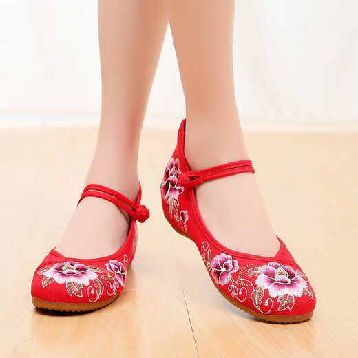Yonghechun national style embroidered shoes ancient style embroidered Hanfu shoes square dance women single shoes mother shoes old Beijing cloth shoes cheongsam shoes flower shell red 38 standard number