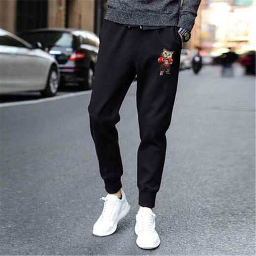JYLI pants for men's spring and autumn thin casual pants for men's loose slim sporty harem pants tied feet nine-point pants leather rope pure black pants XL average size