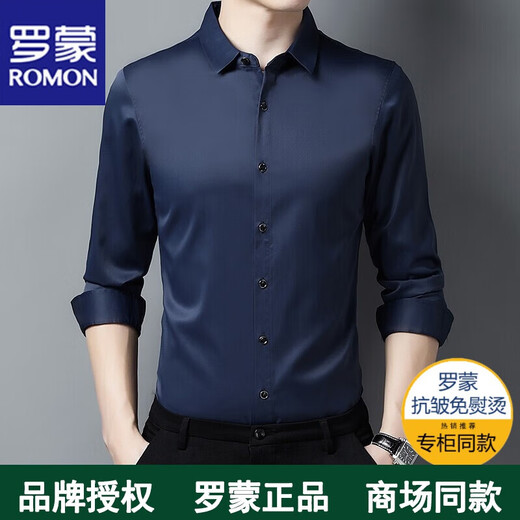 罗蒙长袖衬衫男秋冬季男士衬衣无痕中青年春秋高档免烫上衣商务弹力 上青色 XL（125斤-140斤）
