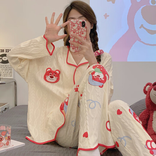 Xuanmulin style pajamas for women in spring and autumn cardigan long sleeves sweet cartoon loose plus size princess style thin home clothes 9207 Dingdang Cat M Recommended 80-100Jin [Jin equals 0.5 kg]
