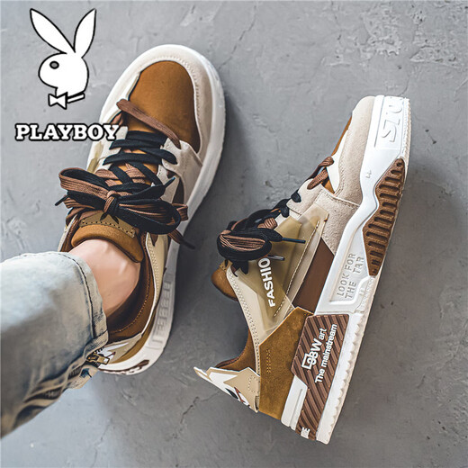 花花公子鞋子男款2025秋冬季男鞋新款休闲板鞋男士百搭厚底增高运动鞋 白棕色 39