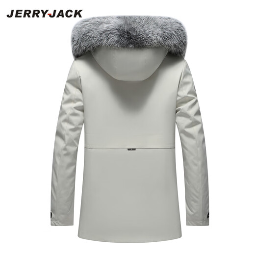 JERRYJACK men's parka with full mink fur lining and removable fur one-piece winter warm coat, fashionable men's coat, off-white + silver fox fur collar + white mink lining M/170