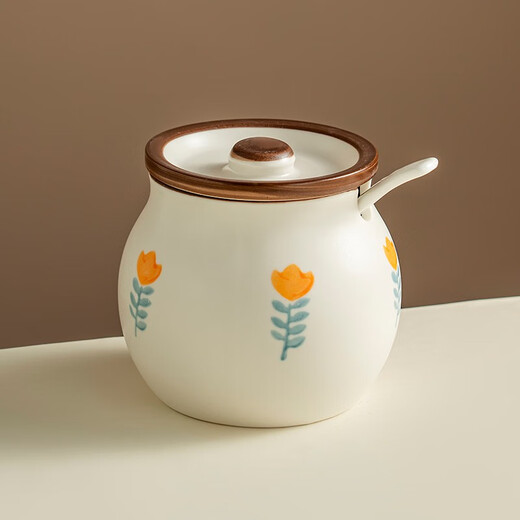 Onlycook lard jar ceramic high temperature resistant household chili oil jar with lid and spoon oil chili jar oil storage tank chili jar old-fashioned small yellow flower model (420ml with lid and small spoon)