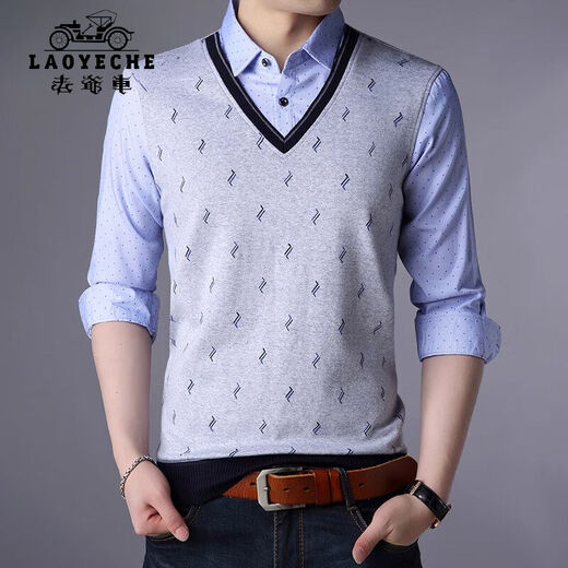 Classic Car (Laoyeche) High-End-Herren-T-Shirt mit falschem zweiteiligen Langarm Jugend-Basishemd Korean Slim Strick-Modetrendmodell 3878 Blau M 165