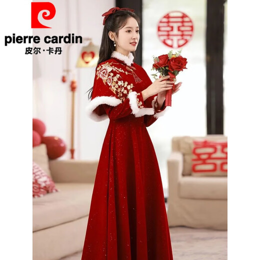 Pierre Cardin official toast dress bride 2026 new red wedding long-sleeved shawl velvet dress skirt for women spring, autumn and winter with shawl F30 S
