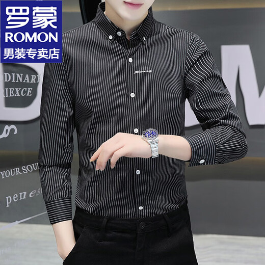 罗蒙（ROMON）长袖衬衫男士春秋款条纹商务休闲衬衣外套男免烫衫衣男上衣服男装 829蓝色 XL 约125-140斤