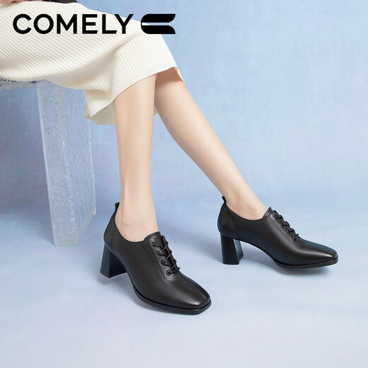 Kang Li's black leather shoes for women's thick heels 2024 autumn new fashion square-toe lace-up French nude boots commuting deep mouth shoes black (sheep leather) 36
