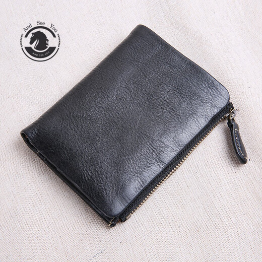 ANDSEEYOU brand genuine leather men's handbag, zipper short wallet, soft leather vertical leather clip, handmade first-layer cowhide wallet, black cowhide