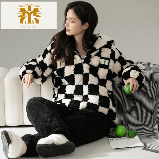 FMSERUIOS轻奢高档珊瑚绒夹棉睡衣女士冬季三层加厚加绒家居服女冬款法兰绒 MFB12250女 M