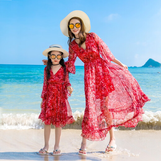 Yuehaiyuebei parent-child clothing for a family of three, beach vacation, mother-daughter clothing, red dress, long skirt, Sanya travel family of four, burgundy, women's XL