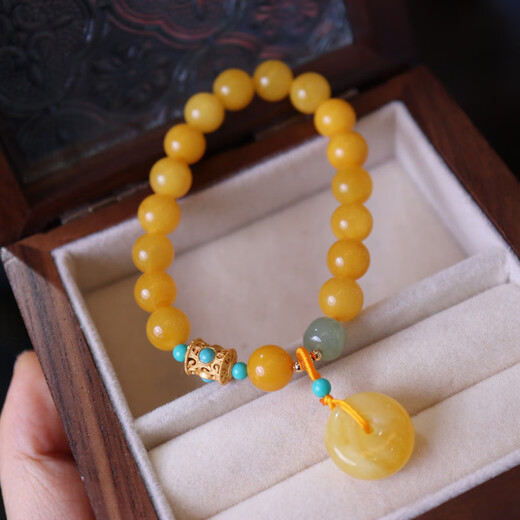 Longyin beeswax bracelet amber bracelet for women and men safety buckle turquoise with Hetian jade bucket beads birthday gift CS 8MM beeswax bracelet safety buckle