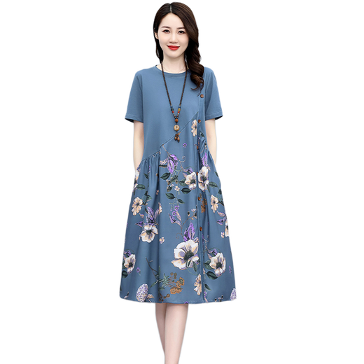 楚馨2025夏季新款女装时尚气质韩版拼接女神范印花连衣裙夏天碎花裙子 蓝色 M (90-110斤）