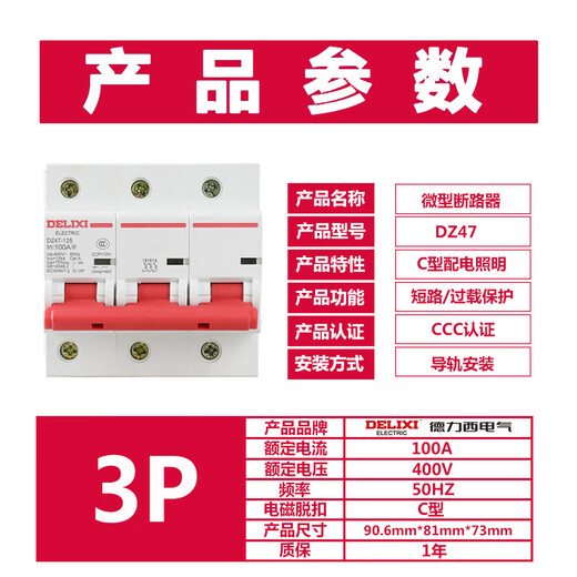 Delixi Electric air switch 100a small overload protection circuit breaker DZ47-125-3P-C100