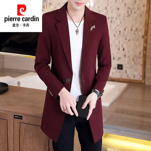 Pierre Cardin windbreaker men's 2024 new mid-length spring and autumn coat casual trendy men's handsome thin spring and autumn day coat burgundy L 170