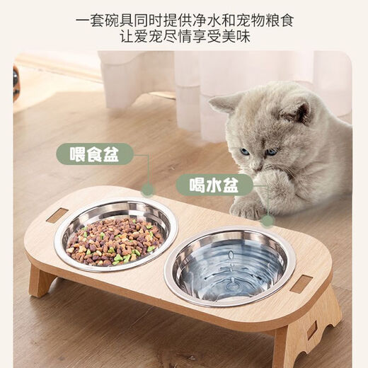 Junkiss cat bowl that cannot be knocked over, large capacity, extra large neck protection, anti-black chin kitten water bowl, stainless steel cat double bowl cat food basin, cedar wood color, large size - double bowl - food grade stainless steel basin - dry rice and drinking water