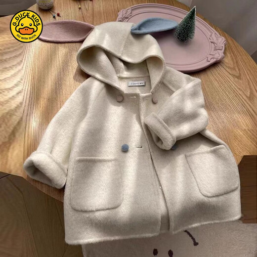 
G.DUCKKIDS Girl Thickened Warm Woolen Jacket Baby Winter Korean Style Fashionable and Cute Two-Color Rabbit Ear Hooded Woolen Coat Bei White 90