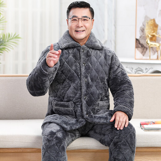 轩朵淇睡衣男冬季加厚加绒珊瑚绒三层夹棉法兰绒爸爸中老年人家居服套装 C9913#黑灰色男【长毛绒】 L(100-120斤)三层加厚