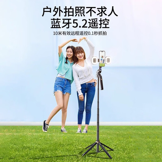 埠帝德国自拍杆2024新款旅游便携落地三脚架手机防抖自动追踪拍照直播 跟拍云台支架【无灯】黑色
