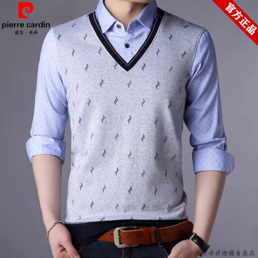 皮尔卡丹（pierre cardin）品牌假两件衬衫领长袖t恤男装春秋上衣套头带领假二件打底polo 男 3878蓝色【加绒加厚】 170/L 【120-140斤】