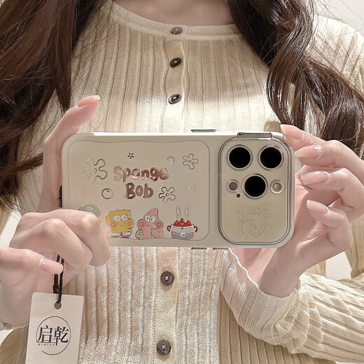 Lutuzer DEERWALK hollow mirror SpongeBob iPhone 16 mobile phone case suitable for Apple 14/13promax lens film 12 soft shell 15pro cute cartoon new model full-inclusive anti-fall hollow mirror - SpongeBob iPhone 16 Pro