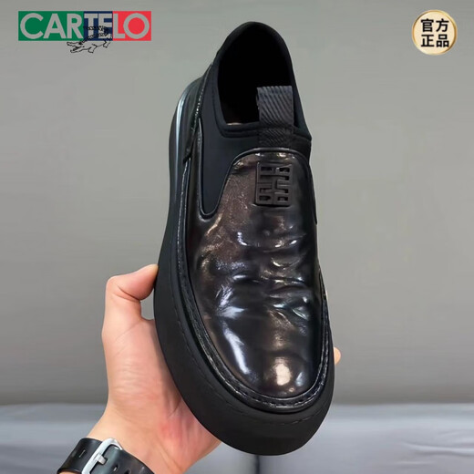 CARTELO first-layer cowhide trendy brand men's shoes 2025 autumn new slip-on cowhide business casual shoes genuine leather thick sole 80195 black 41 standard leather shoe size