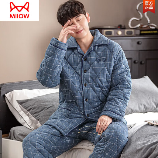 
Catman (MiiOW) pure cotton three-layer thickened cotton winter men's pajamas cotton jacket autumn and winter men's large-size home clothing set skin-friendly AA9215-three-layer thickened cotton-all cotton 190(XXXXL height 185-190 weight 200-