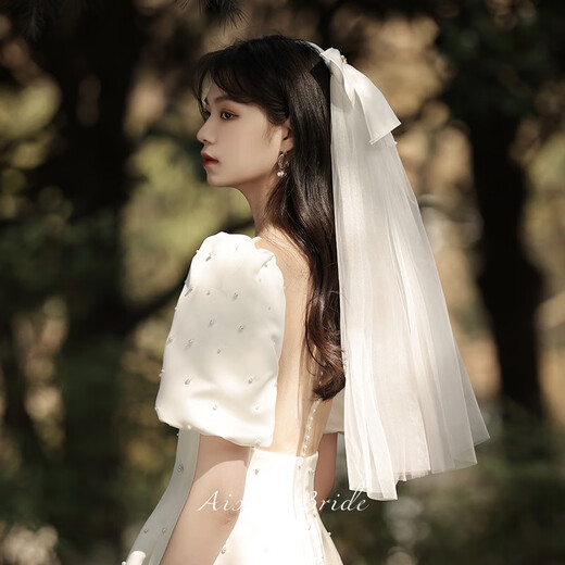 SHANGGE Bridal Veil Proposal Wedding Headdress Butterfly Celebration Hijab Photo Ritual Hair Accessory Chinese Valentine's Day Gift White Bow Veil 60cm-80cm