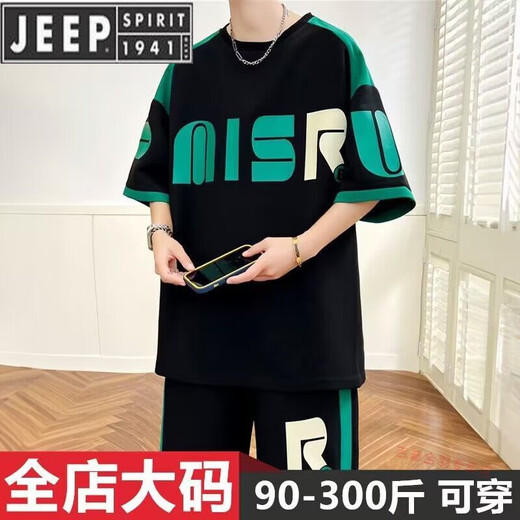Jeep Spirit Summer Jugend kurzärmelig Sportanzug T-Shirt Fett Plus Größe Männer lose Modemarke Handsome Set D672 Black L