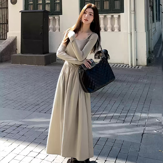 Ono seven-day square collar autumn long-sleeved dress for women French temperament high-end tea waist-retracting and slimming A-line long skirt card color long-sleeved dress M
