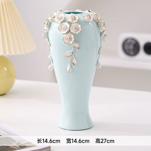 
CLCEY creative European ceramic vase ornaments TV cabinet living room dining table accessories hydroponic flower appliance wedding gift 14079 sky blue double flower with leaves flat vase